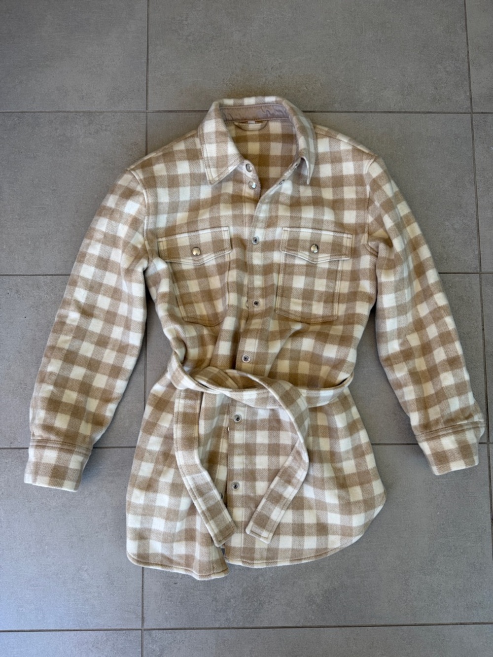& Other Stories Beige and White Plaid Belted Shacket